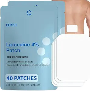 2 packages of lidocaine 4% patches with total of 40 patches, rendering of the patch itself and placed on a back
