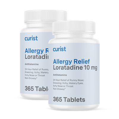 Two white plastic bottles of curist Allergy Relief Loratadine 10 mg antihistamine tablets 365 count each, with the front bottle clearly visible and the second bottle partially behind it on a clean white background.