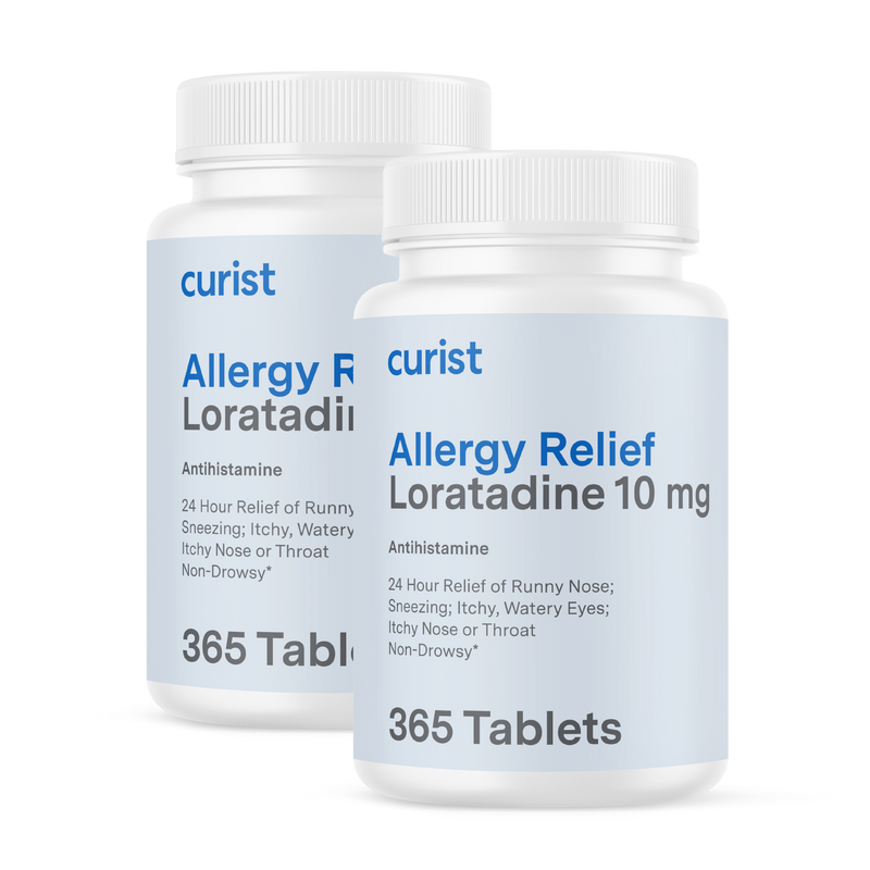 Two white plastic bottles of curist Allergy Relief Loratadine 10 mg antihistamine tablets 365 count each, with the front bottle clearly visible and the second bottle partially behind it on a clean white background.